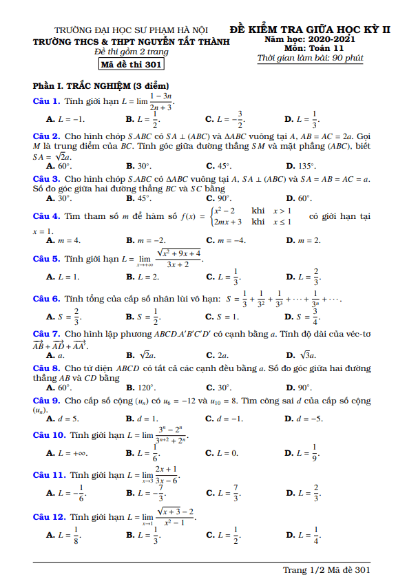 Đề thi giữa kỳ 2 Toán 11 năm 2020 – 2021 trường Nguyễn Tất Thành – Hà Nội