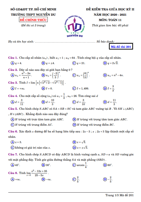 Đề thi giữa kỳ 2 Toán 11 năm 2020 – 2021 trường THPT Nguyễn Du – TP HCM
