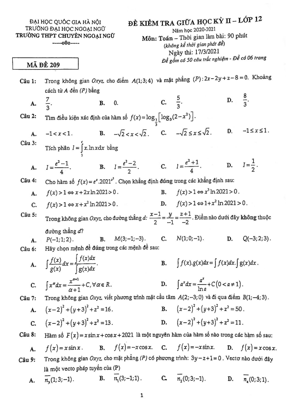 Đề thi giữa kỳ 2 Toán 12 năm 2020 – 2021 trường chuyên Ngoại Ngữ – Hà Nội