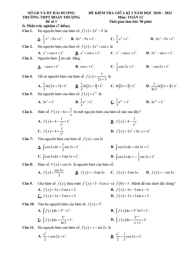 Đề thi giữa kỳ 2 Toán 12 năm 2020 – 2021 trường Đoàn Thượng – Hải Dương