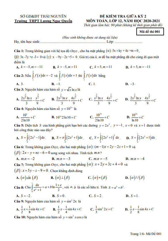 Đề thi giữa kỳ 2 Toán 12 năm 2020 – 2021 trường Lương Ngọc Quyến – Thái Nguyên
