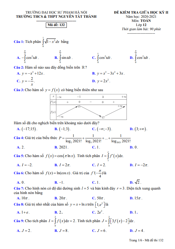 Đề thi giữa kỳ 2 Toán 12 năm 2020 – 2021 trường Nguyễn Tất Thành – Hà Nội