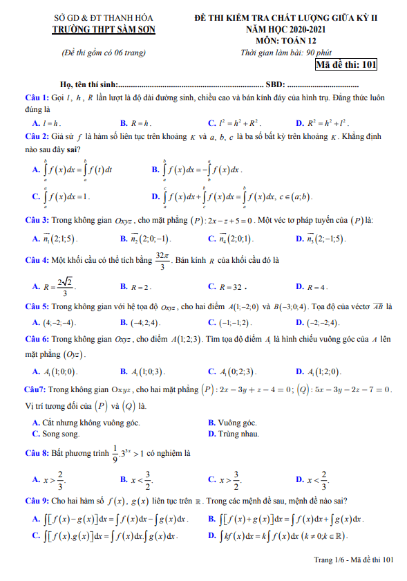 Đề thi giữa kỳ 2 Toán 12 năm 2020 – 2021 trường THPT Sầm Sơn – Thanh Hóa