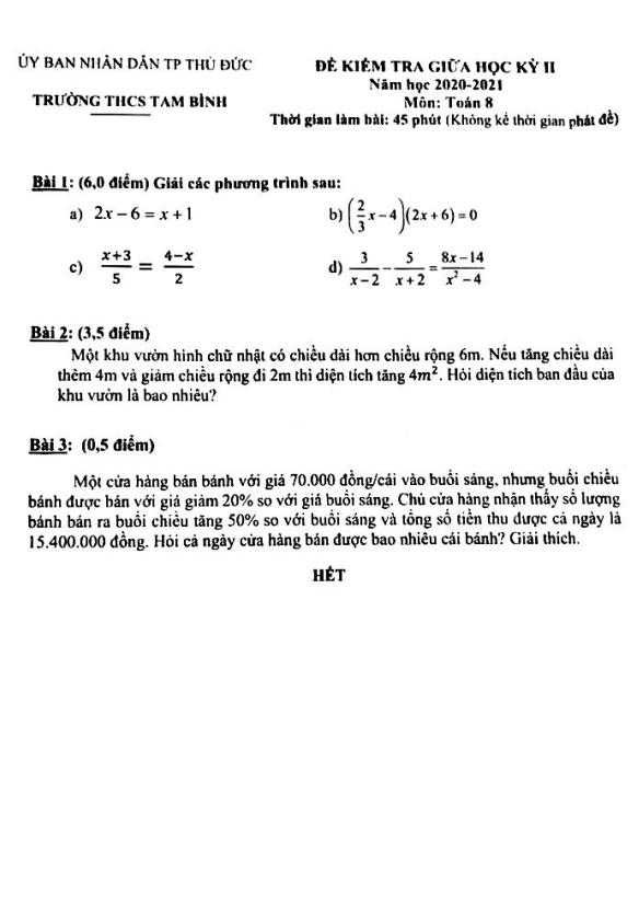 Đề thi giữa kỳ 2 Toán 8 năm 2020 – 2021 trường THCS Tam Bình – TP HCM
