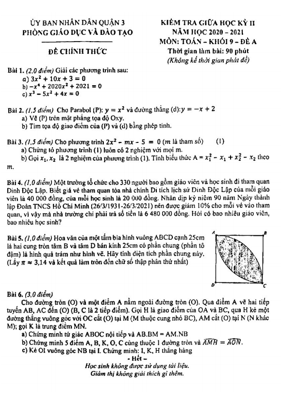 Đề thi giữa kỳ 2 Toán 9 năm 2020 – 2021 phòng GD&ĐT Quận 3 – TP HCM