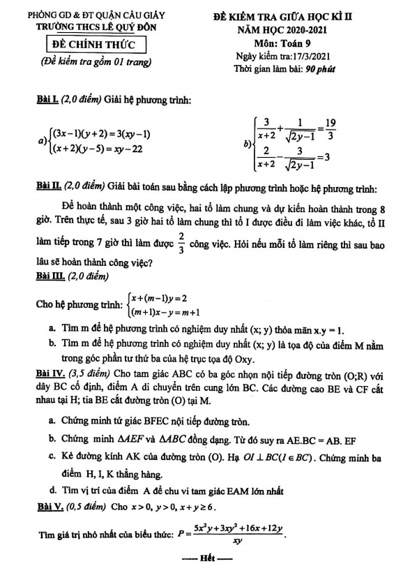 Đề thi giữa kỳ 2 Toán 9 năm 2020 – 2021 trường THCS Lê Quý Đôn – Hà Nội
