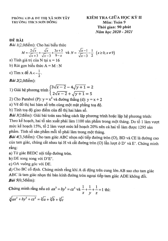 Đề thi giữa kỳ 2 Toán 9 năm 2020 – 2021 trường THCS Sơn Đông – Hà Nội
