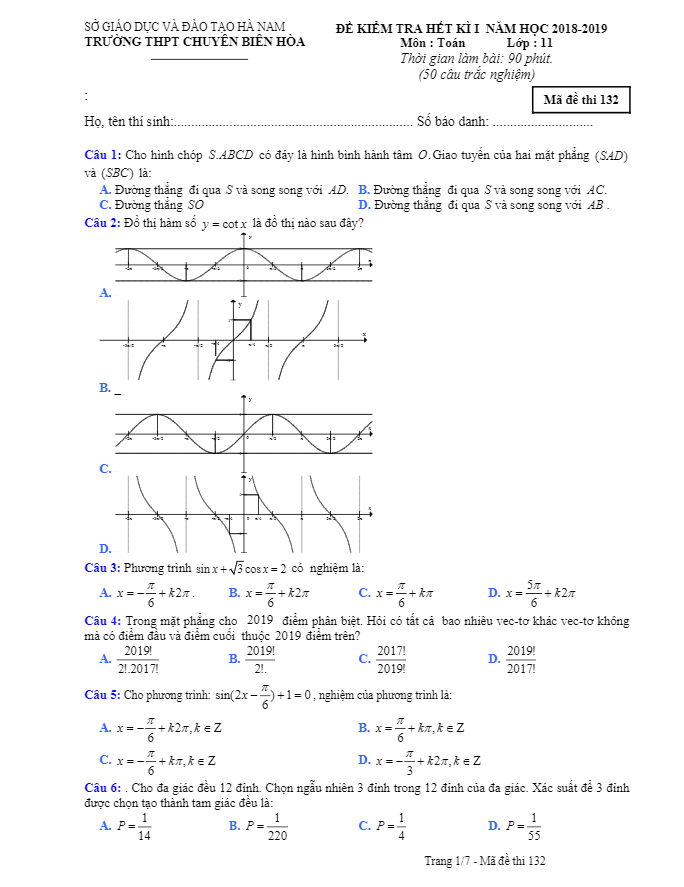 Đề thi hết kỳ 1 Toán 11 năm học 2018 – 2019 trường chuyên Biên Hòa – Hà Nam