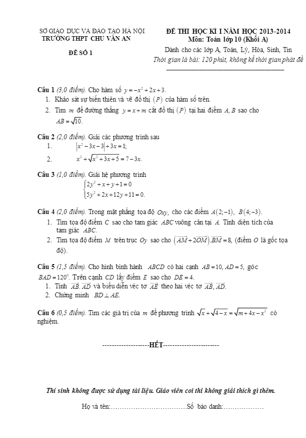 Đề thi HK1 lớp 10 ban nâng cao trường Chu Văn An – Hà Nội 2013 – 2014