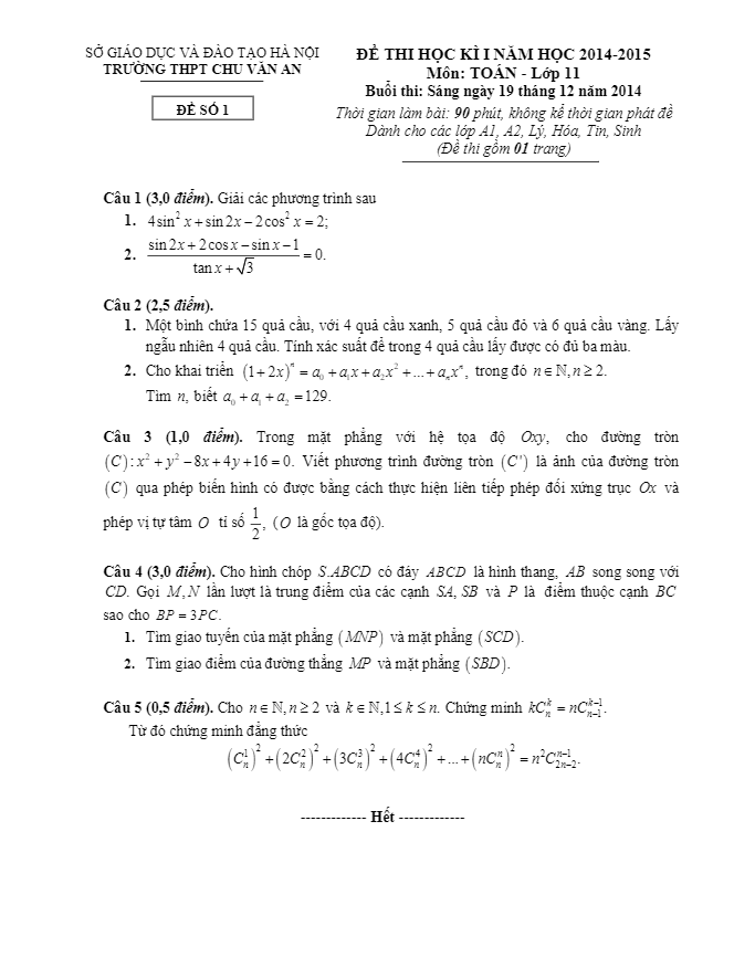 Đề thi HK1 lớp 11 ban nâng cao trường Chu Văn An – Hà Nội 2014 – 2015