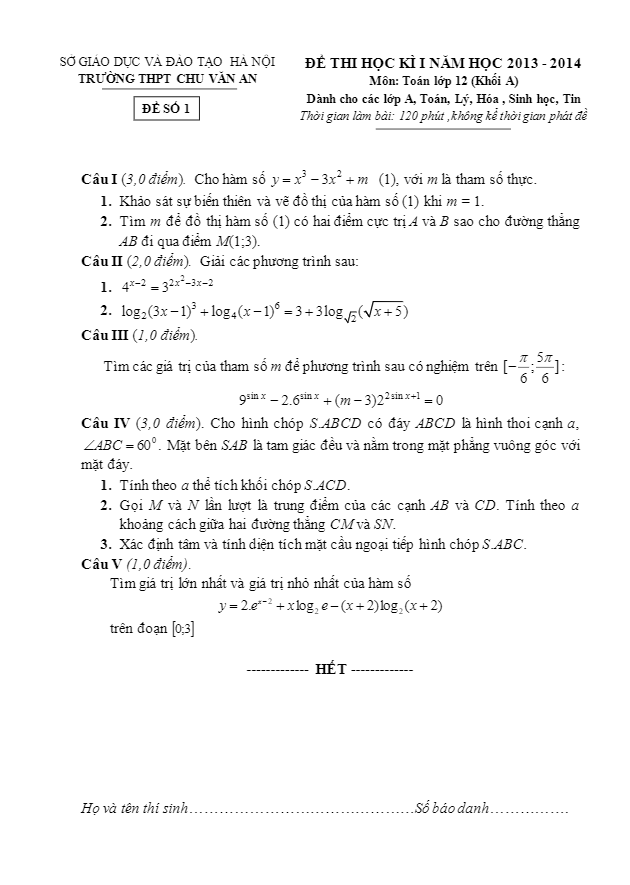 Đề thi HK1 lớp 12 ban nâng cao trường Chu Văn An – Hà Nội 2013 – 2014