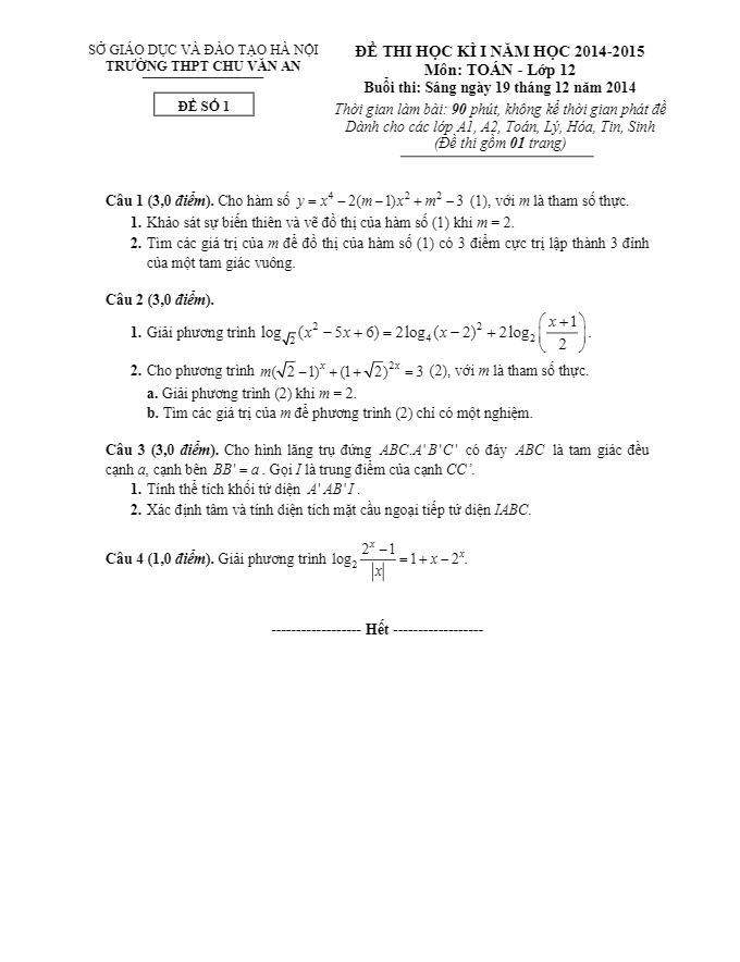Đề thi HK1 lớp 12 ban nâng cao trường Chu Văn An – Hà Nội 2014 -2015