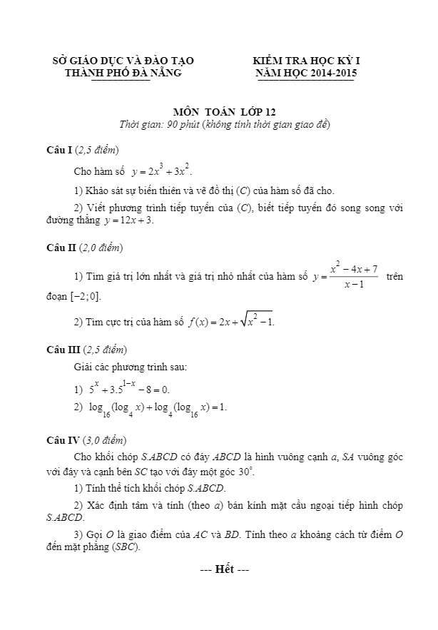 Đề thi HK1 lớp 12 Sở GD-ĐT Đà Nẵng năm học 2014 – 2015