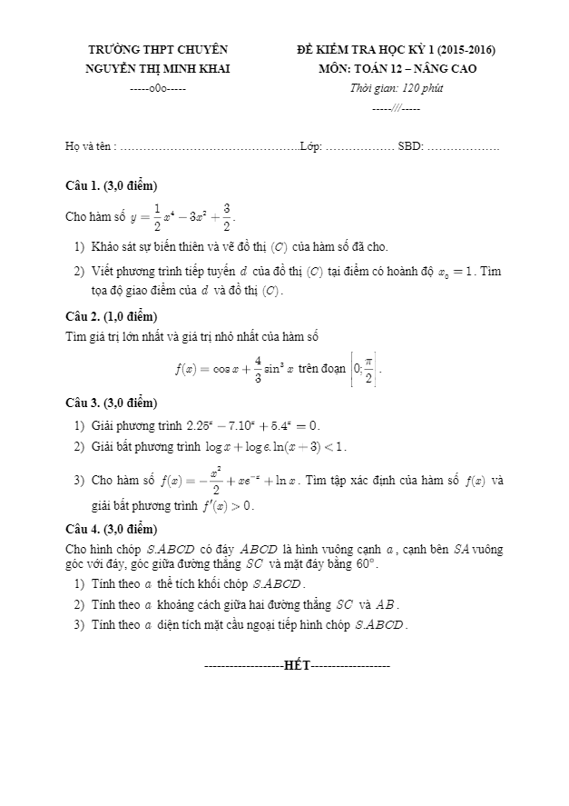Đề thi HK1 lớp 12 trường chuyên Nguyễn Thị Minh Khai – Sóc Trăng