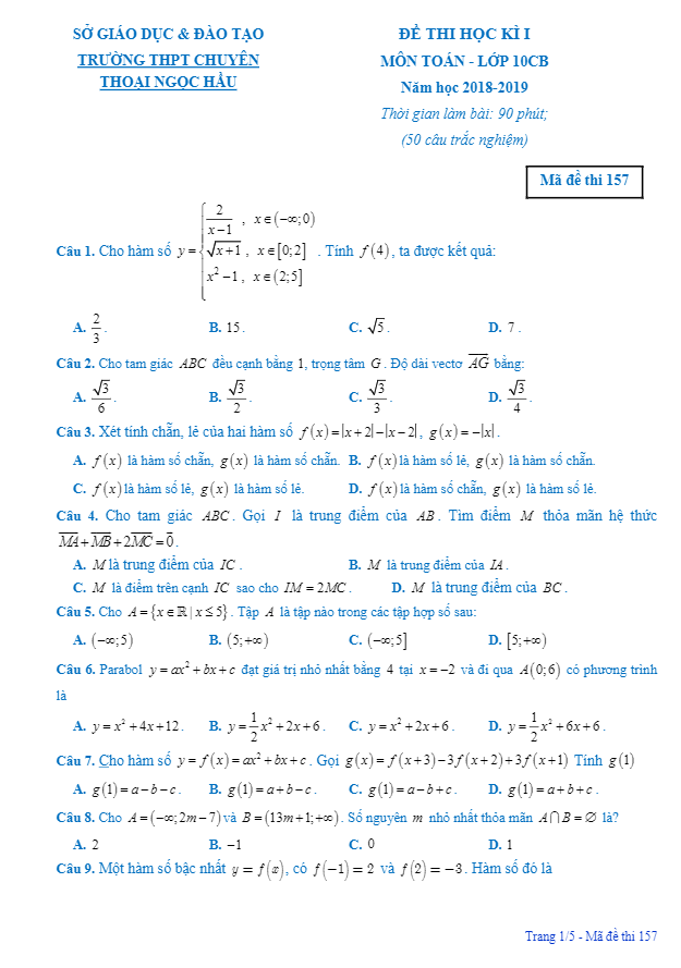 Đề thi HK1 Toán 10 CB năm 2018 – 2019 trường chuyên Thoại Ngọc Hầu – An Giang