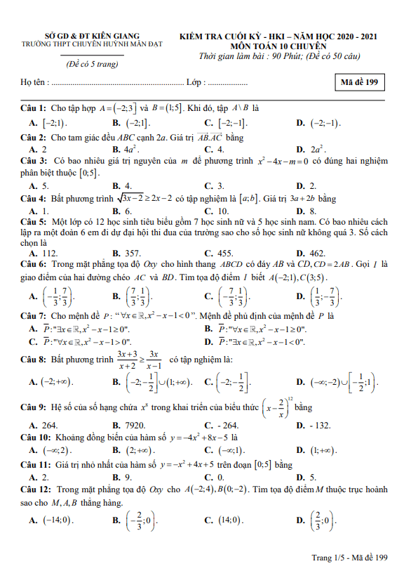 Đề thi HK1 Toán 10 chuyên năm 2020 – 2021 trường chuyên Huỳnh Mẫn Đạt – Kiên Giang