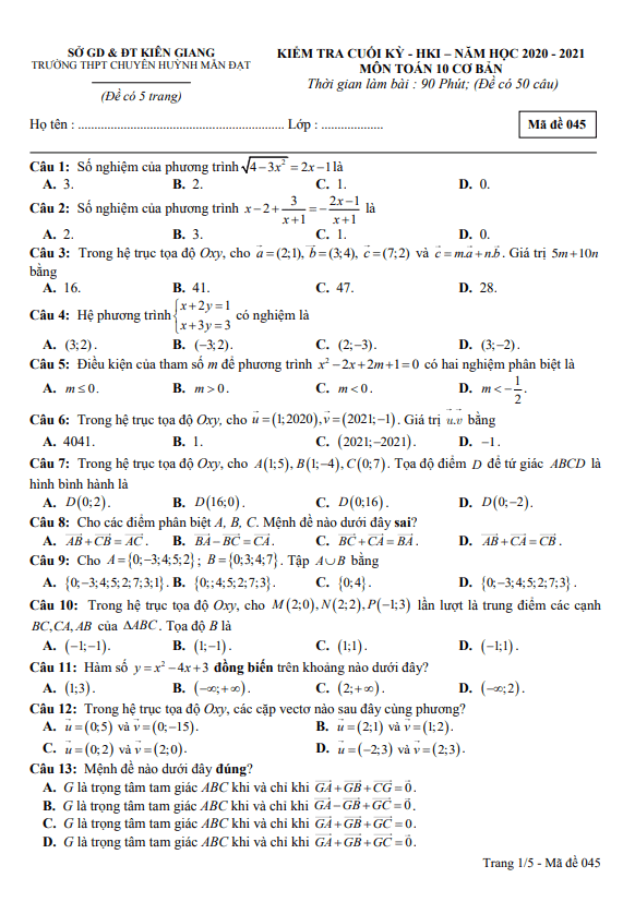 Đề thi HK1 Toán 10 cơ bản năm 2020 – 2021 trường chuyên Huỳnh Mẫn Đạt – Kiên Giang