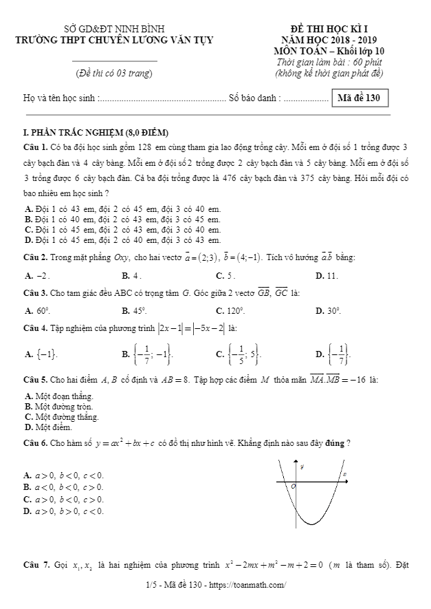 Đề thi HK1 Toán 10 năm 2018 – 2019 trường chuyên Lương Văn Tụy – Ninh Bình