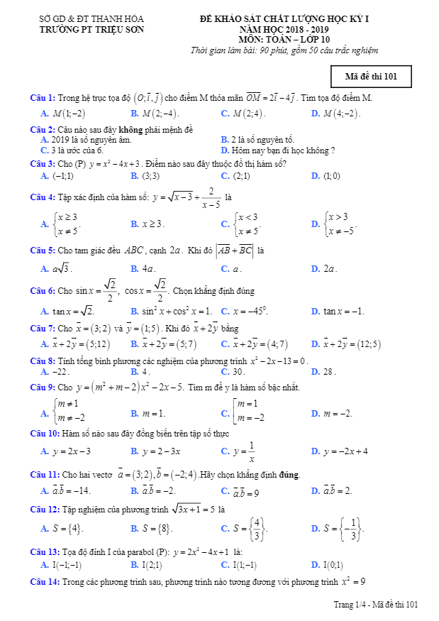 Đề thi HK1 Toán 10 năm 2018 – 2019 trường PT Triệu Sơn – Thanh Hóa