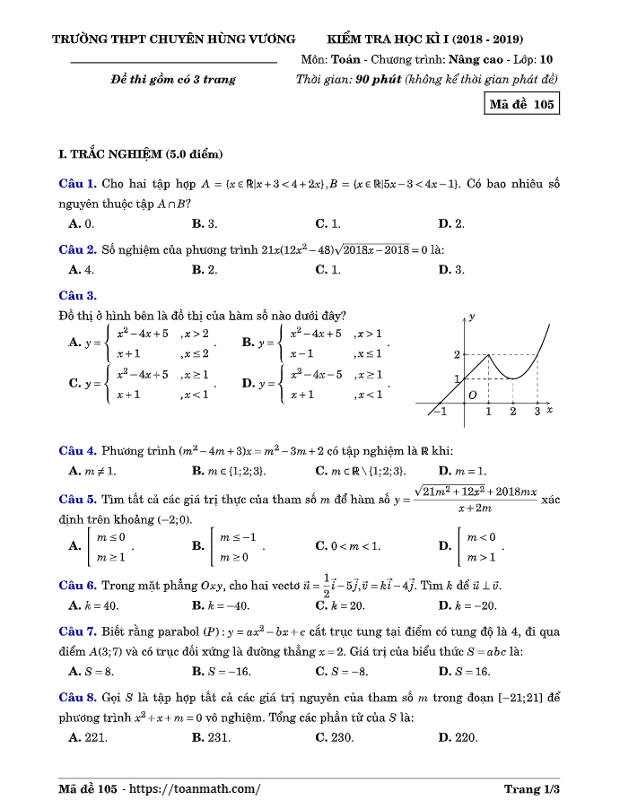 Đề thi HK1 Toán 10 năm 2018 – 2019 trường THPT chuyên Hùng Vương – Bình Dương