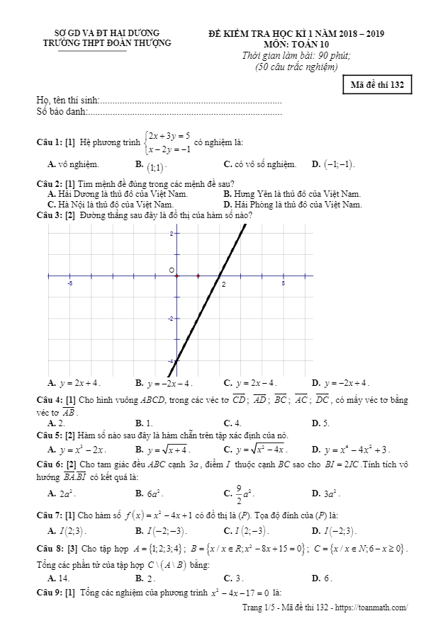 Đề thi HK1 Toán 10 năm 2018 – 2019 trường THPT Đoàn Thượng – Hải Dương