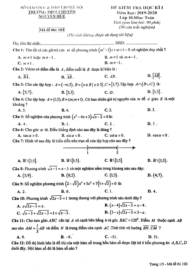 Đề thi HK1 Toán 10 năm 2019 – 2020 trường chuyên Nguyễn Huệ – Hà Nội
