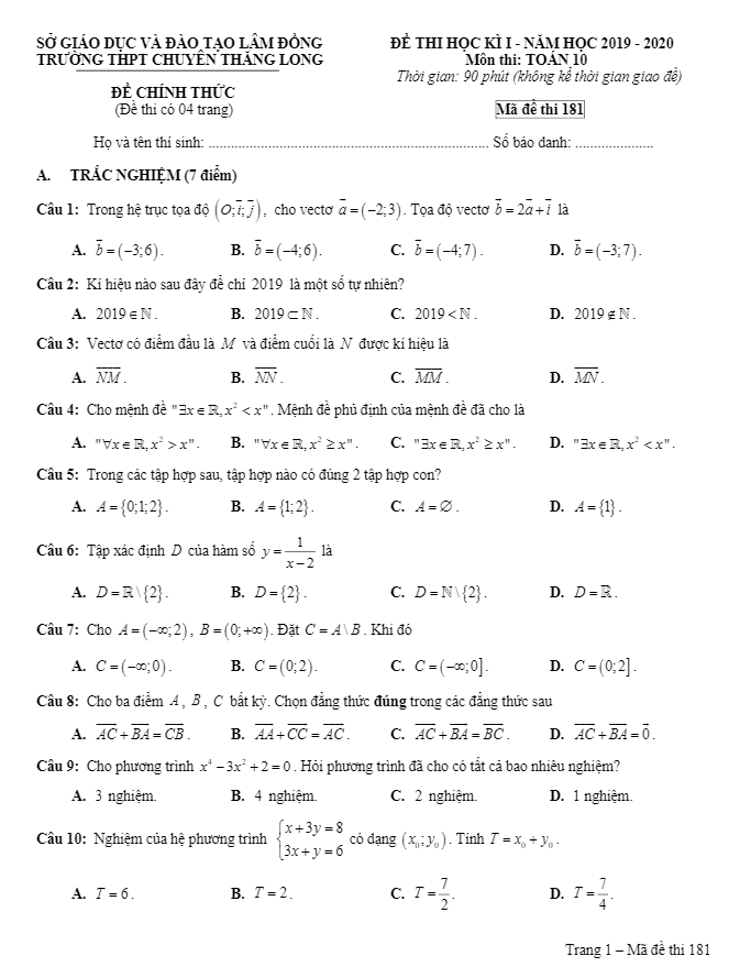 Đề thi HK1 Toán 10 năm 2019 – 2020 trường chuyên Thăng Long – Lâm Đồng