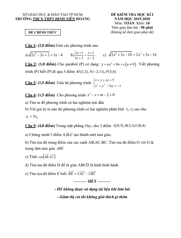 Đề thi HK1 Toán 10 năm 2019 – 2020 trường Đinh Tiên Hoàng – TP HCM