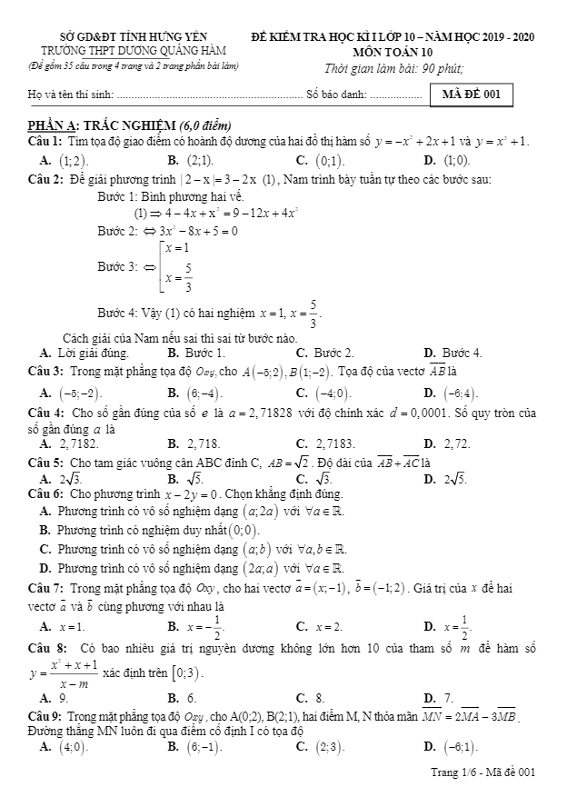 Đề thi HK1 Toán 10 năm 2019 – 2020 trường Dương Quảng Hàm – Hưng Yên