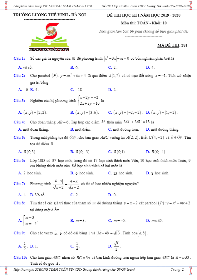 Đề thi HK1 Toán 10 năm 2019 – 2020 trường Lương Thế Vinh – Hà Nội