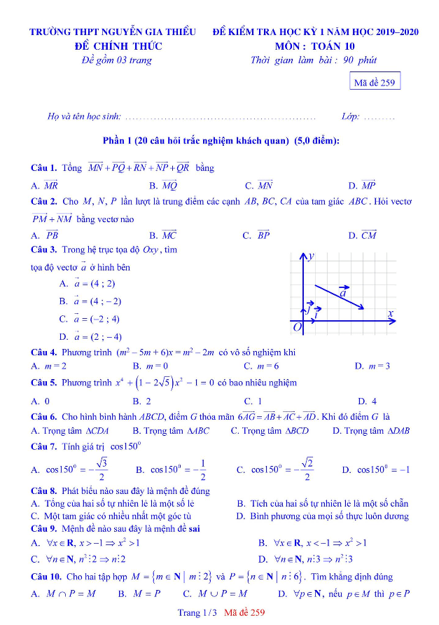 Đề thi HK1 Toán 10 năm 2019 – 2020 trường Nguyễn Gia Thiều – Hà Nội