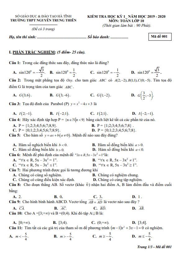 Đề thi HK1 Toán 10 năm 2019 – 2020 trường Nguyễn Trung Thiên – Hà Tĩnh