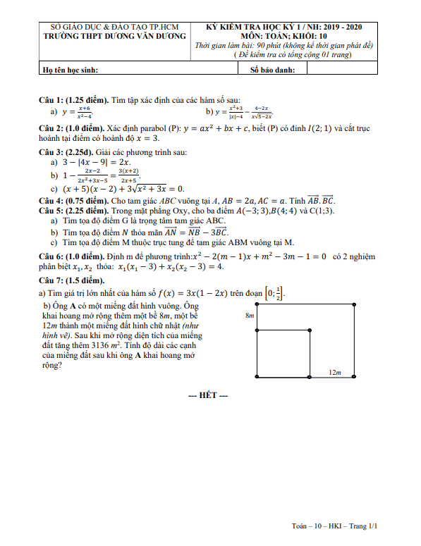 Đề thi HK1 Toán 10 năm 2019 – 2020 trường THPT Dương Văn Dương – TP HCM