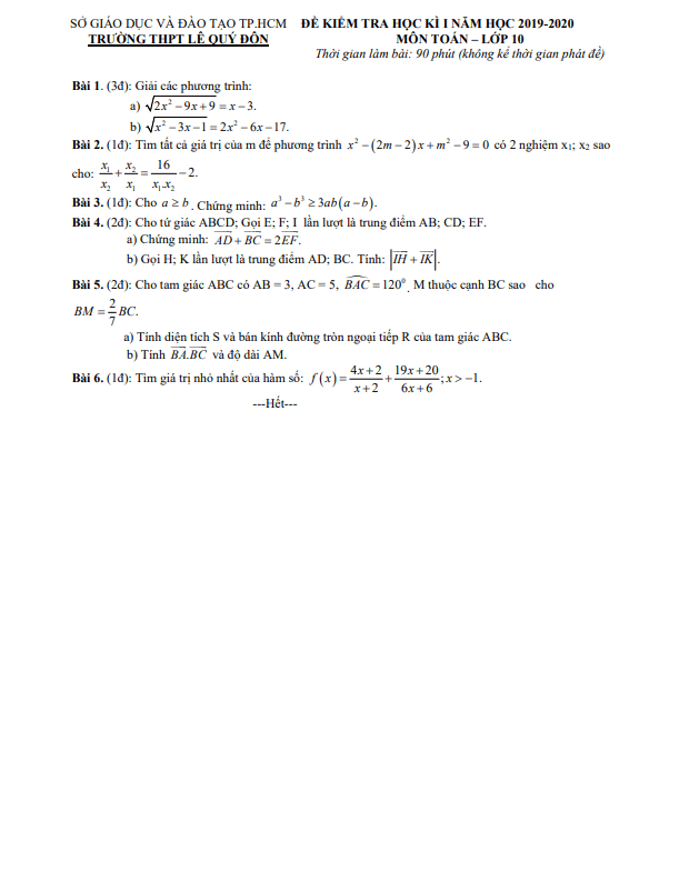Đề thi HK1 Toán 10 năm 2019 – 2020 trường THPT Lê Quý Đôn – TP HCM