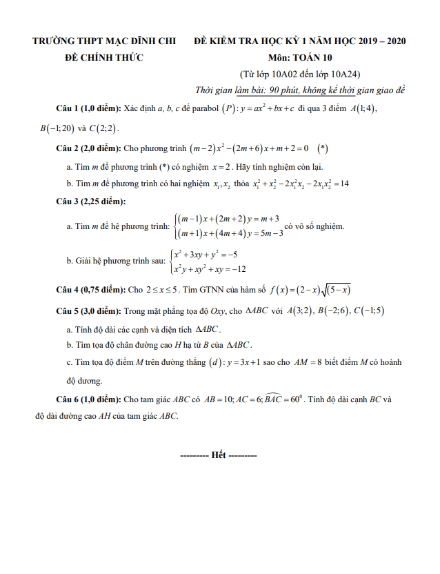 Đề thi HK1 Toán 10 năm 2019 – 2020 trường THPT Mạc Đĩnh Chi – TP HCM