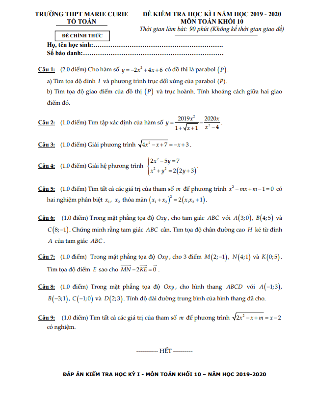 Đề thi HK1 Toán 10 năm 2019 – 2020 trường THPT Marie Curie – TP HCM