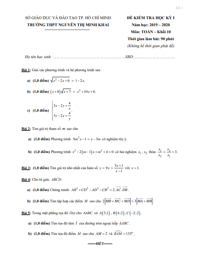 Đề thi HK1 Toán 10 năm 2019 – 2020 trường THPT Nguyễn Thị Minh Khai – TP HCM