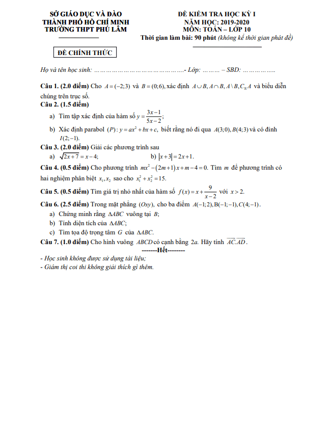Đề thi HK1 Toán 10 năm 2019 – 2020 trường THPT Phú Lâm – TP HCM