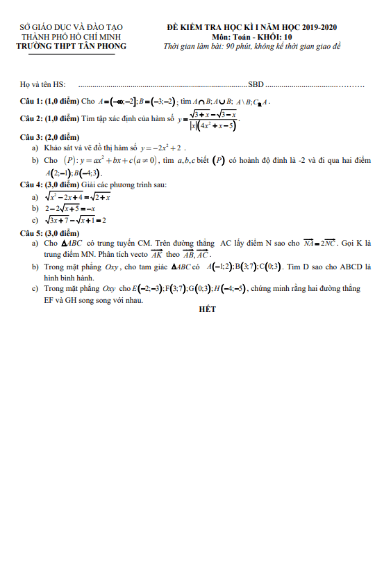 Đề thi HK1 Toán 10 năm 2019 – 2020 trường THPT Tân Phong – TP HCM