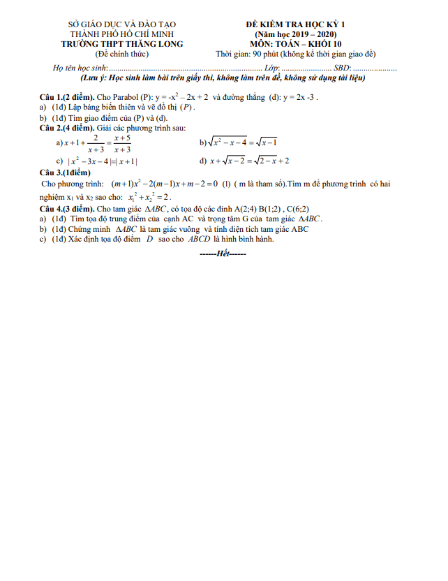 Đề thi HK1 Toán 10 năm 2019 – 2020 trường THPT Thăng Long – TP HCM