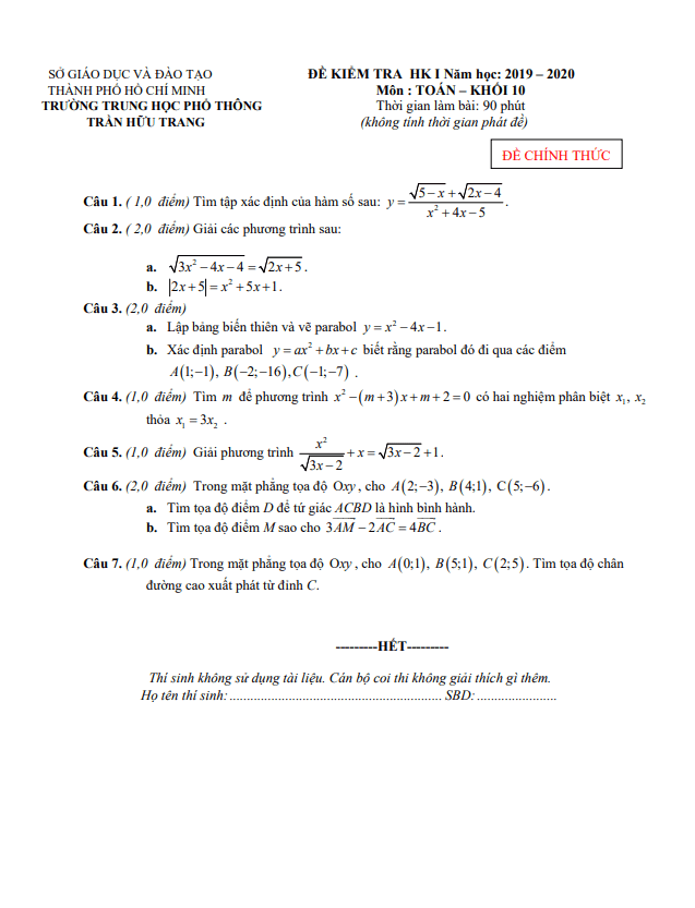 Đề thi HK1 Toán 10 năm 2019 – 2020 trường THPT Trần Hữu Trang – TP HCM