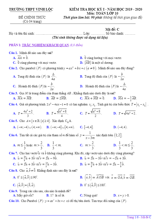 Đề thi HK1 Toán 10 năm 2019 – 2020 trường THPT Vinh Lộc – TT Huế