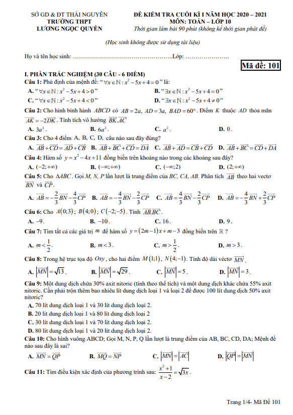 Đề thi HK1 Toán 10 năm 2020 – 2021 trường Lương Ngọc Quyến – Thái Nguyên