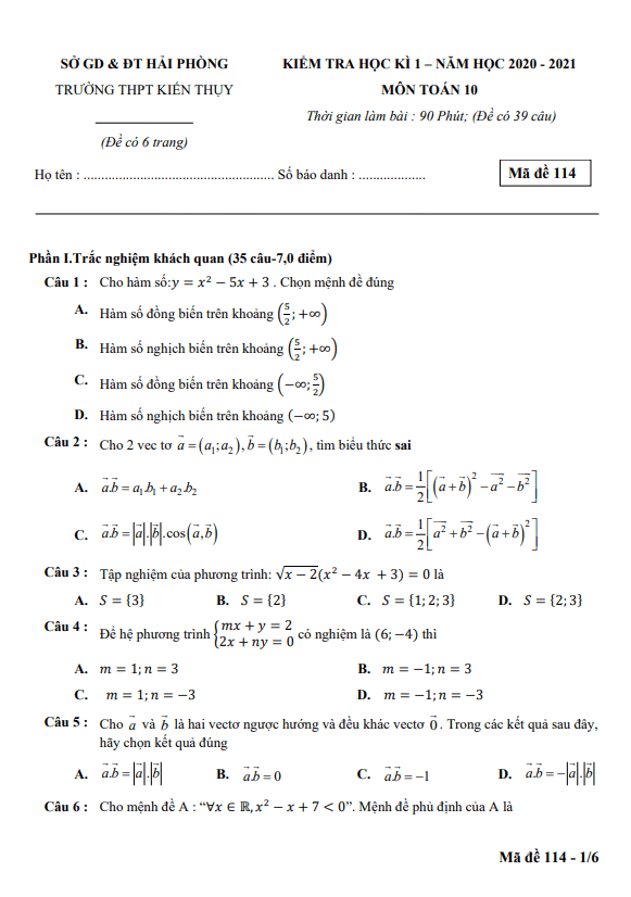 Đề thi HK1 Toán 10 năm 2020 – 2021 trường THPT Kiến Thụy – Hải Phòng