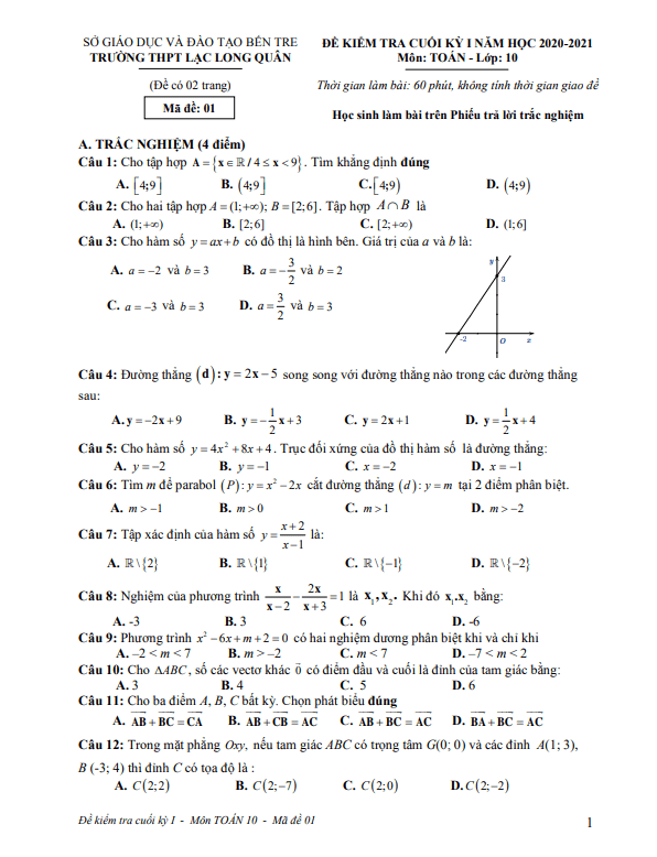 Đề thi HK1 Toán 10 năm 2020 – 2021 trường THPT Lạc Long Quân – Bến Tre