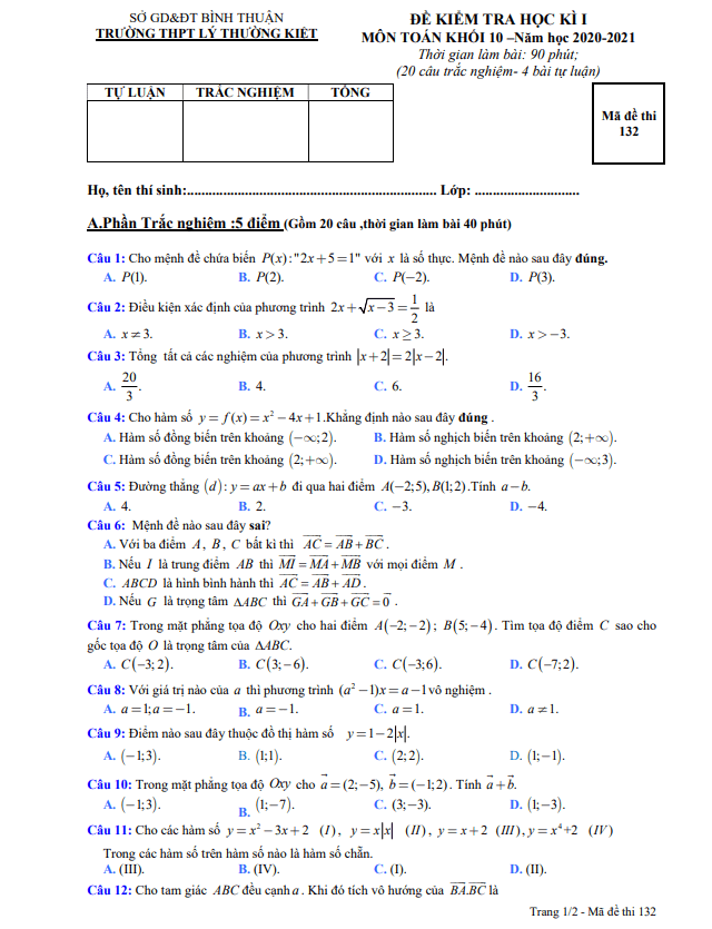 Đề thi HK1 Toán 10 năm 2020 – 2021 trường THPT Lý Thường Kiệt – Bình Thuận