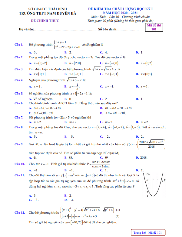 Đề thi HK1 Toán 10 năm 2020 – 2021 trường THPT Nam Duyên Hà – Thái Bình