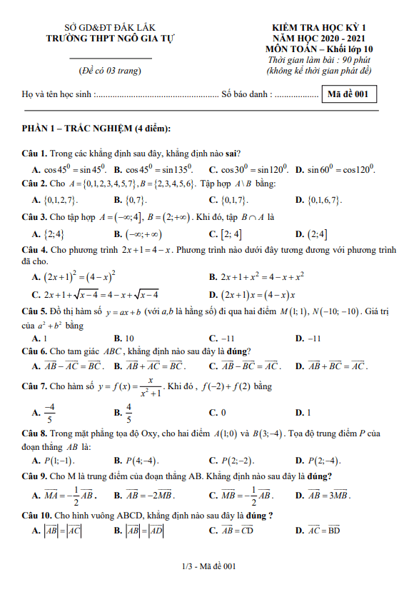 Đề thi HK1 Toán 10 năm 2020 – 2021 trường THPT Ngô Gia Tự – Đắk Lắk
