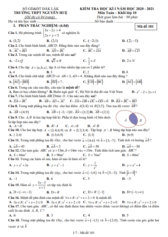 Đề thi HK1 Toán 10 năm 2020 – 2021 trường THPT Nguyễn Huệ – Đắk Lắk