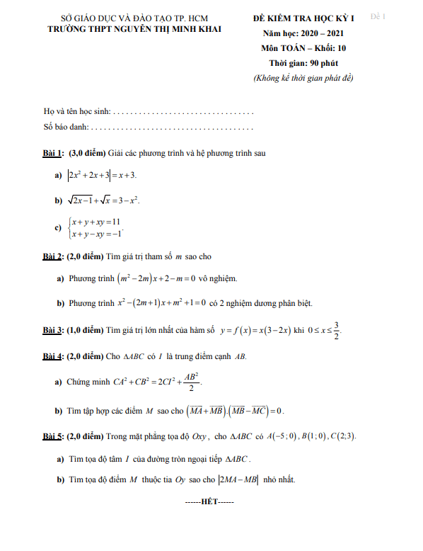 Đề thi HK1 Toán 10 năm 2020 – 2021 trường THPT Nguyễn Thị Minh Khai – TP HCM